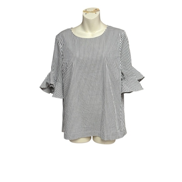 Calvin Klein gray and White Striped Blouse ruffled sleeves size medium - Picture 1 of 9